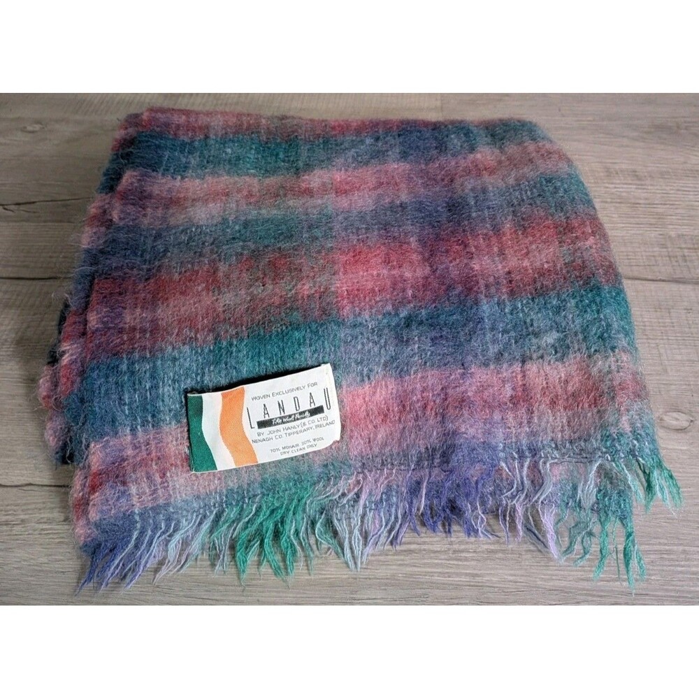 Landau John Hanly Mohair Wool Blend Large Throw Blanket Blue Green Red Plaid